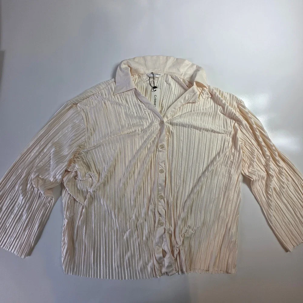 Commense Cream Pleated Plisse Button Down Shirt Long Sleeve Blouse Size M NEW - Picture 5 of 12